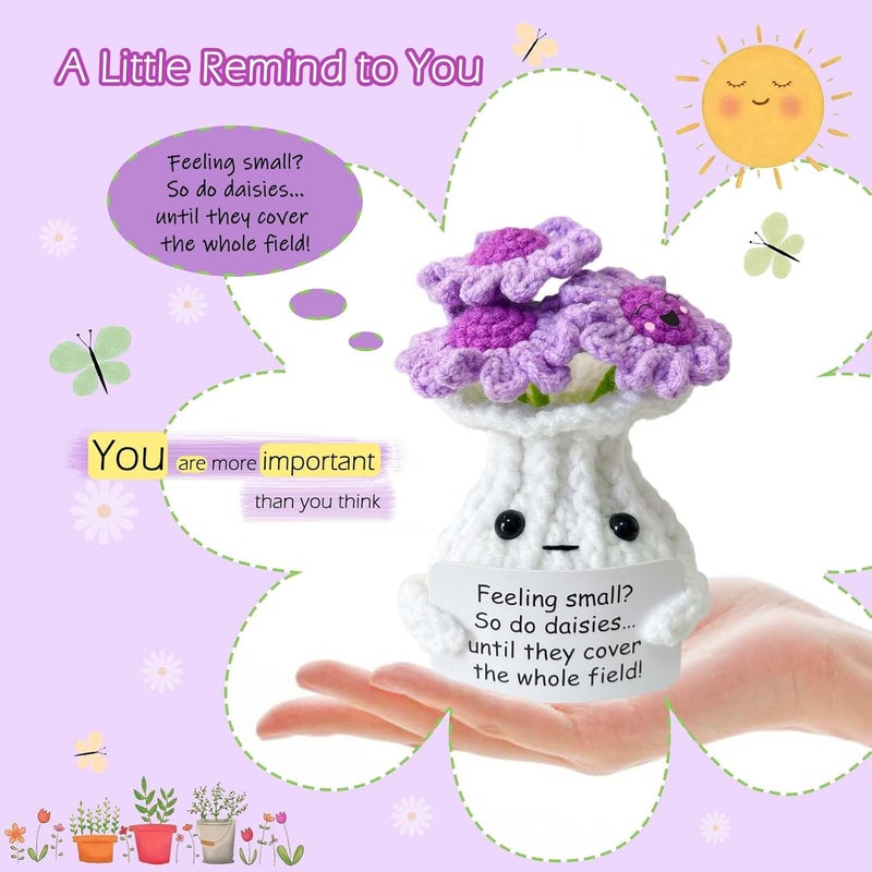 RFUYIR Valentines Inspirational Gifts for Women Positive Crochet Flowers- Feeling Small? - Mini Handmade Knitted Vase Plant Decor, Christmas Birthday Gifts for Women, Coworkers, Friends, Teacher - Image 2